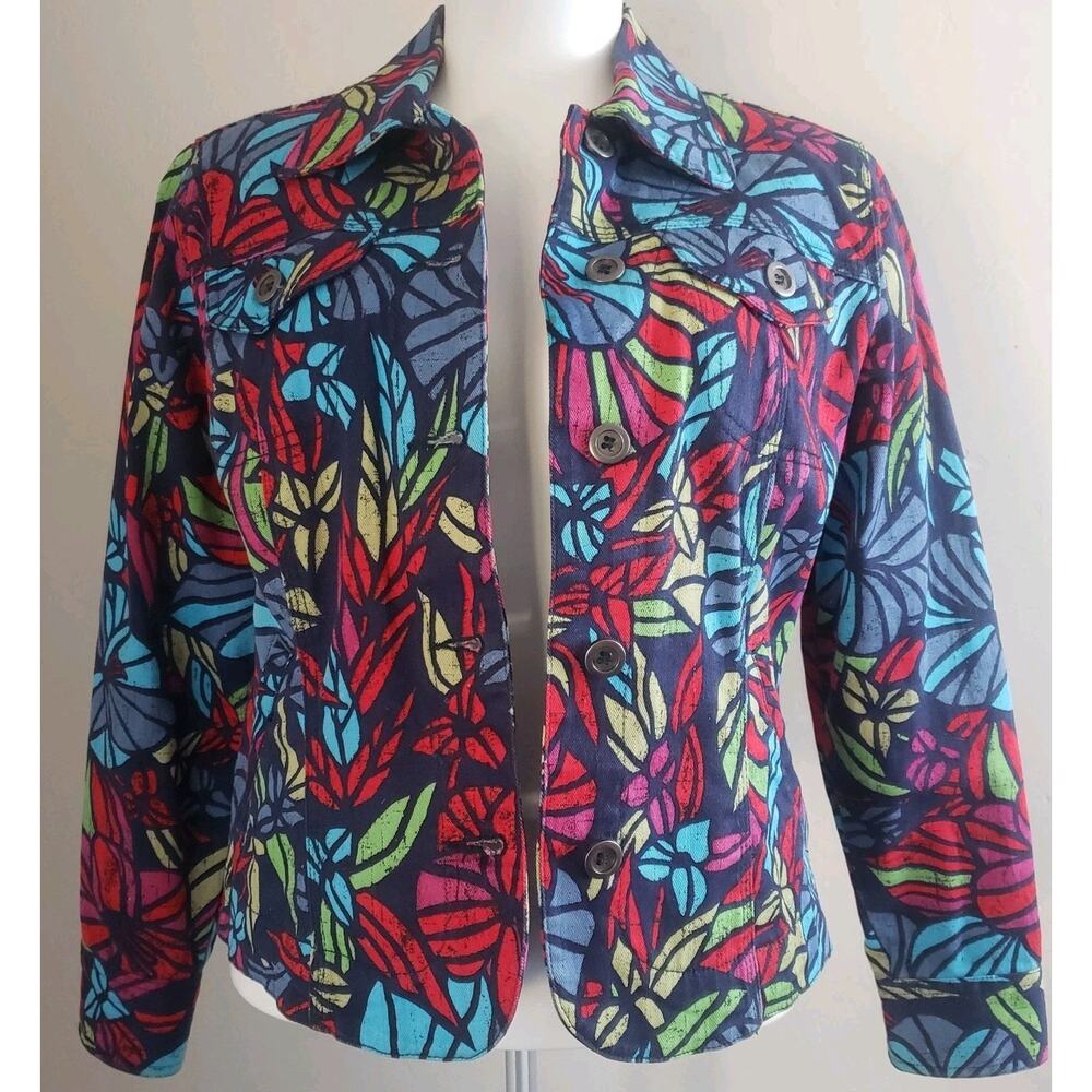 Lark Lane Womens Stretch Denim‎ Cropped Ramie Cotton Jacket Tropical Boho 4P